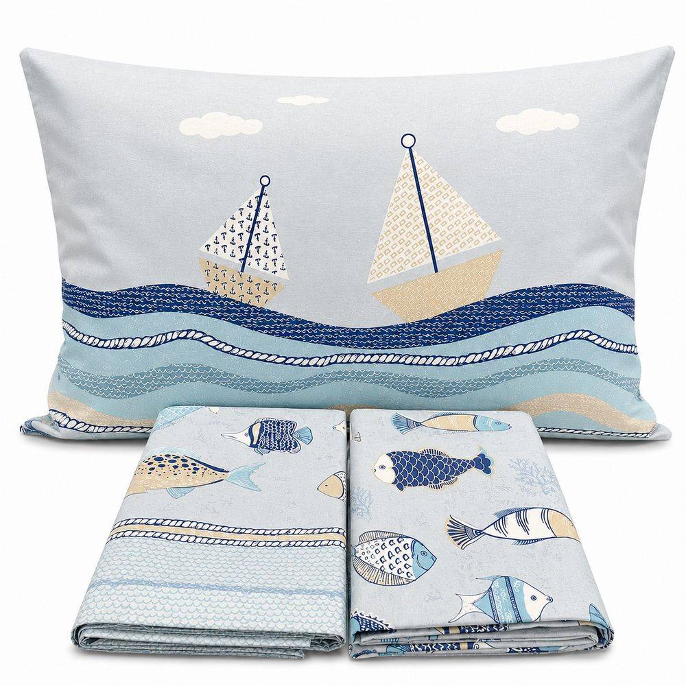 Completo Lenzuola Oceano Bianco Azzurro Matrimoniale