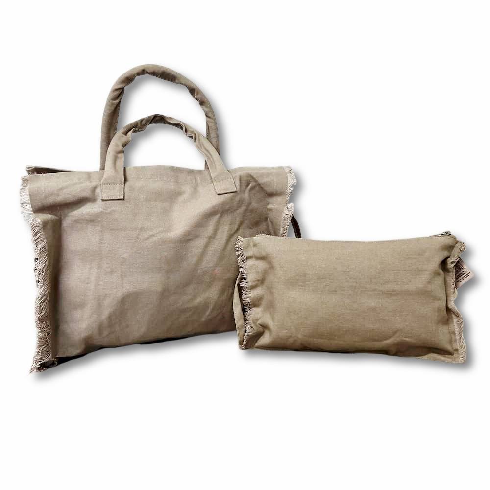 Set Borsa mare + pochette frange tortora
