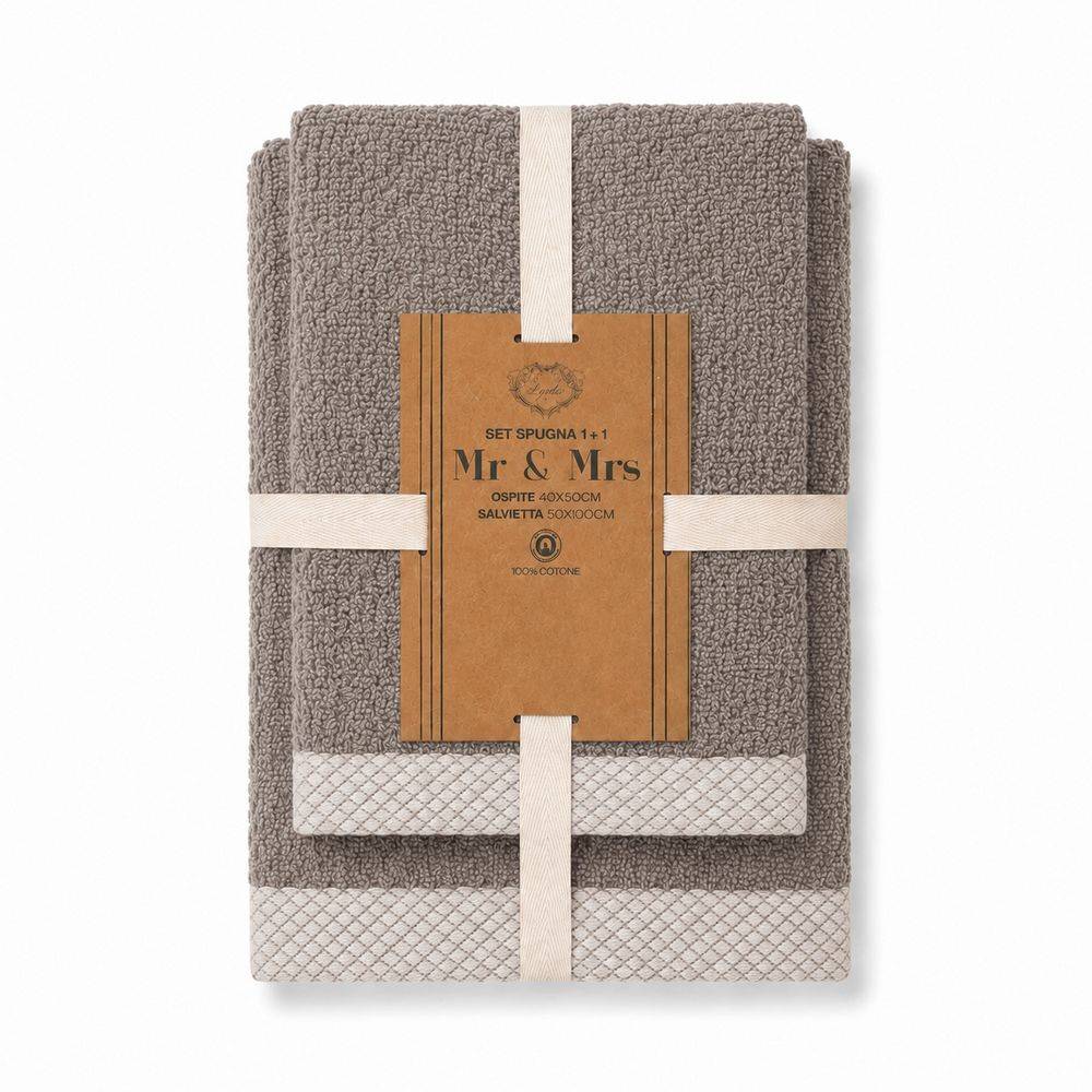 Coppia Asciugamani in Spugna Mr & Mrs Cachemire/Beige 