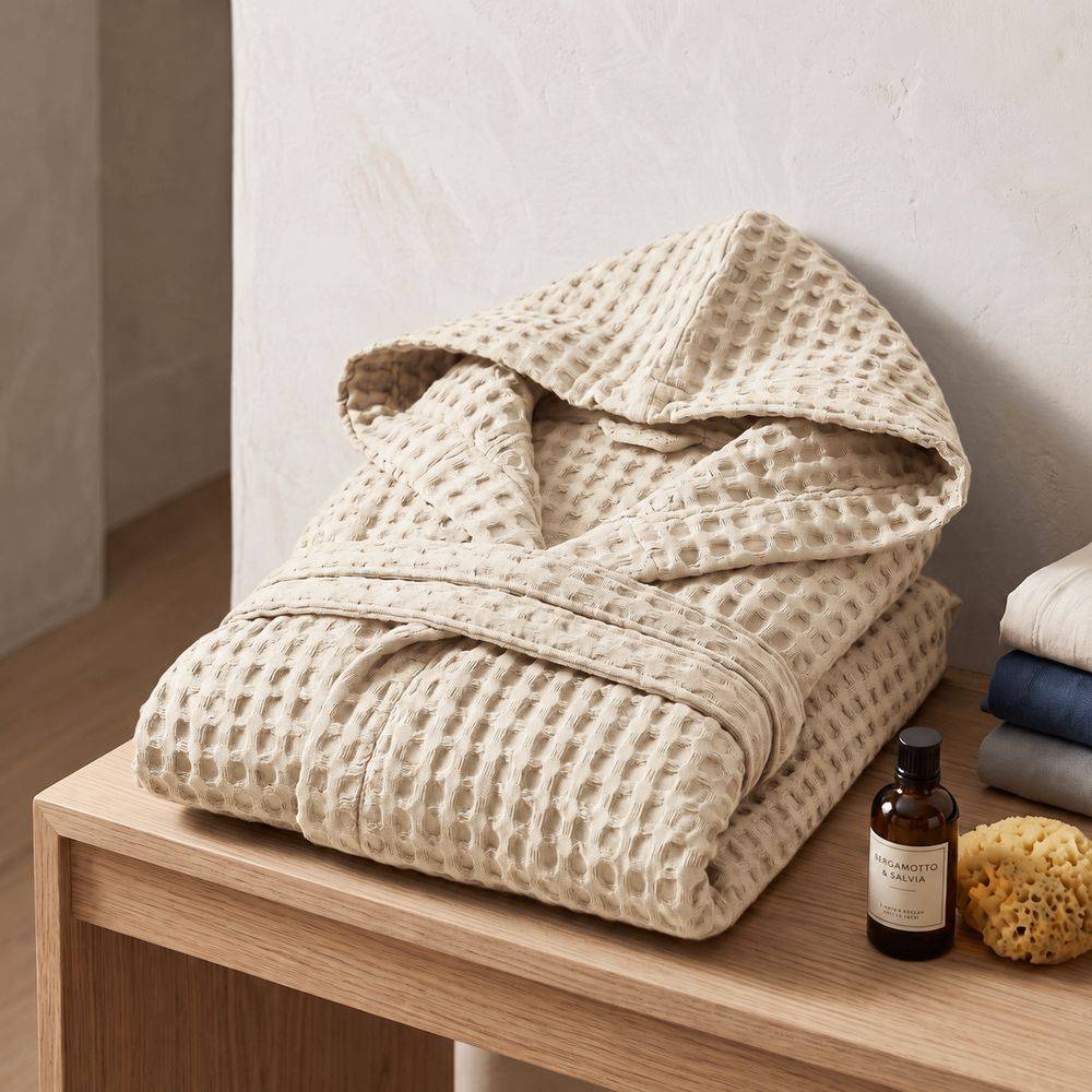 Accappatoio Nido d'ape napone con cappuccio Beige