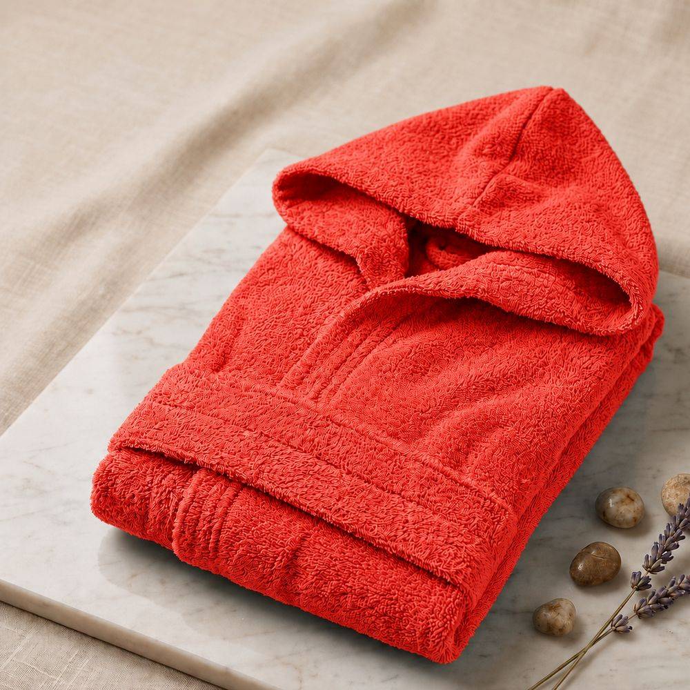 Accappatoio bambino in spugna con cappuccio rosso