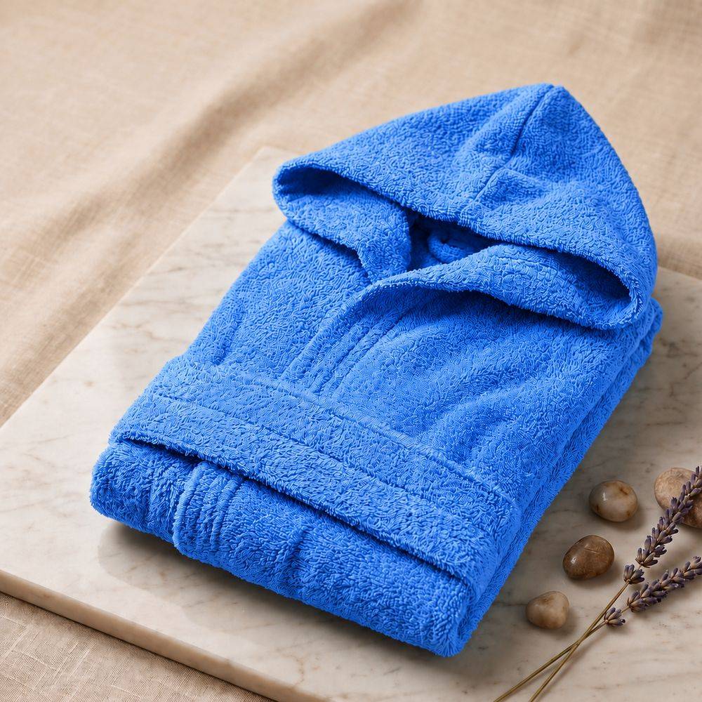 Accappatoio bambino in spugna con cappuccio blu