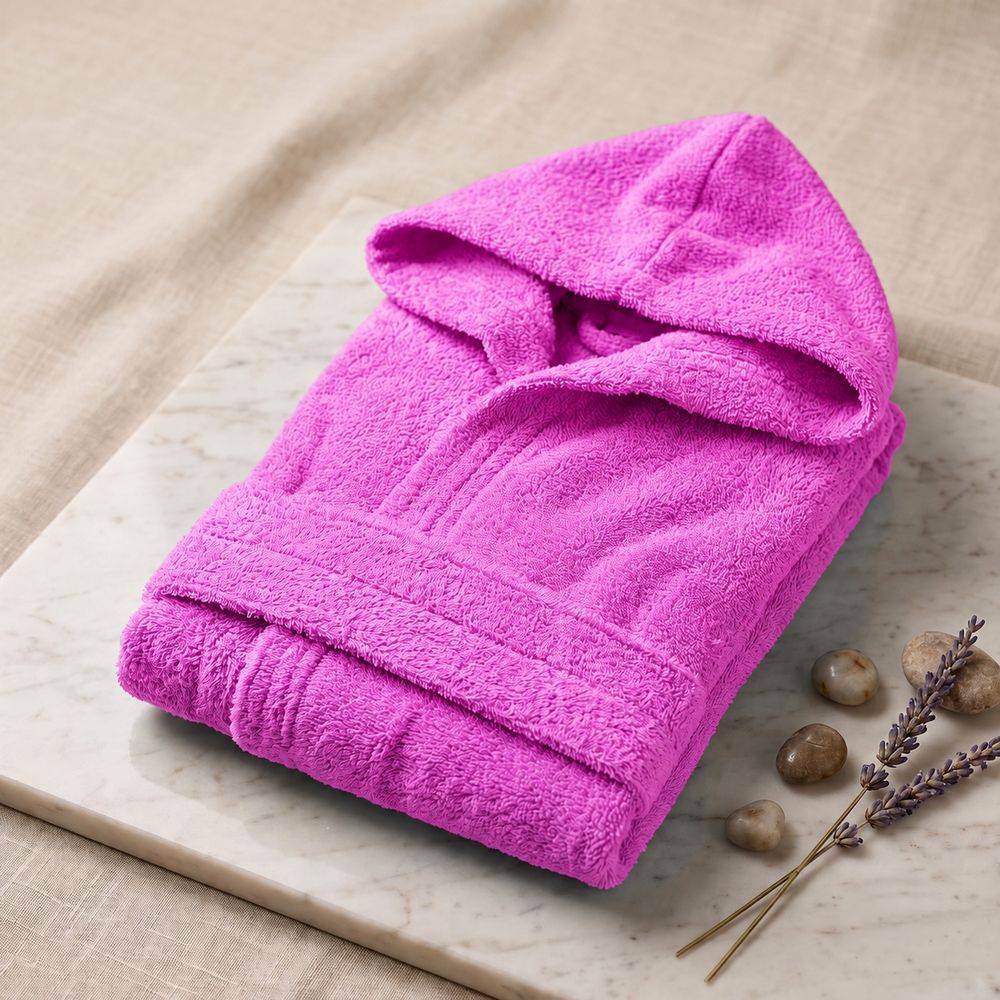 Accappatoio bambino in spugna con cappuccio fuxia