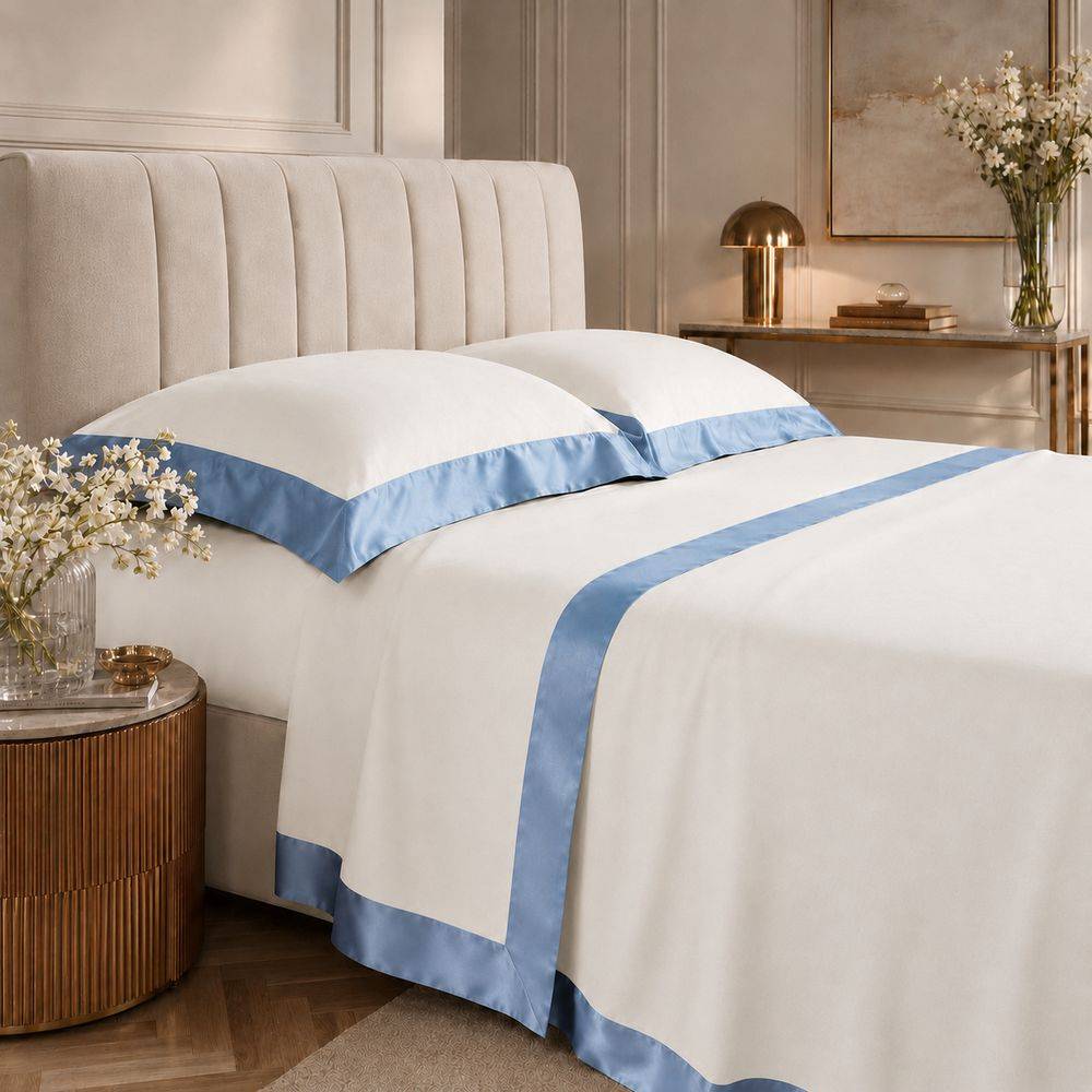 Completo Lenzuola CREOLE Cotone Balza Raso Panna/Azzurro Matrimoniale