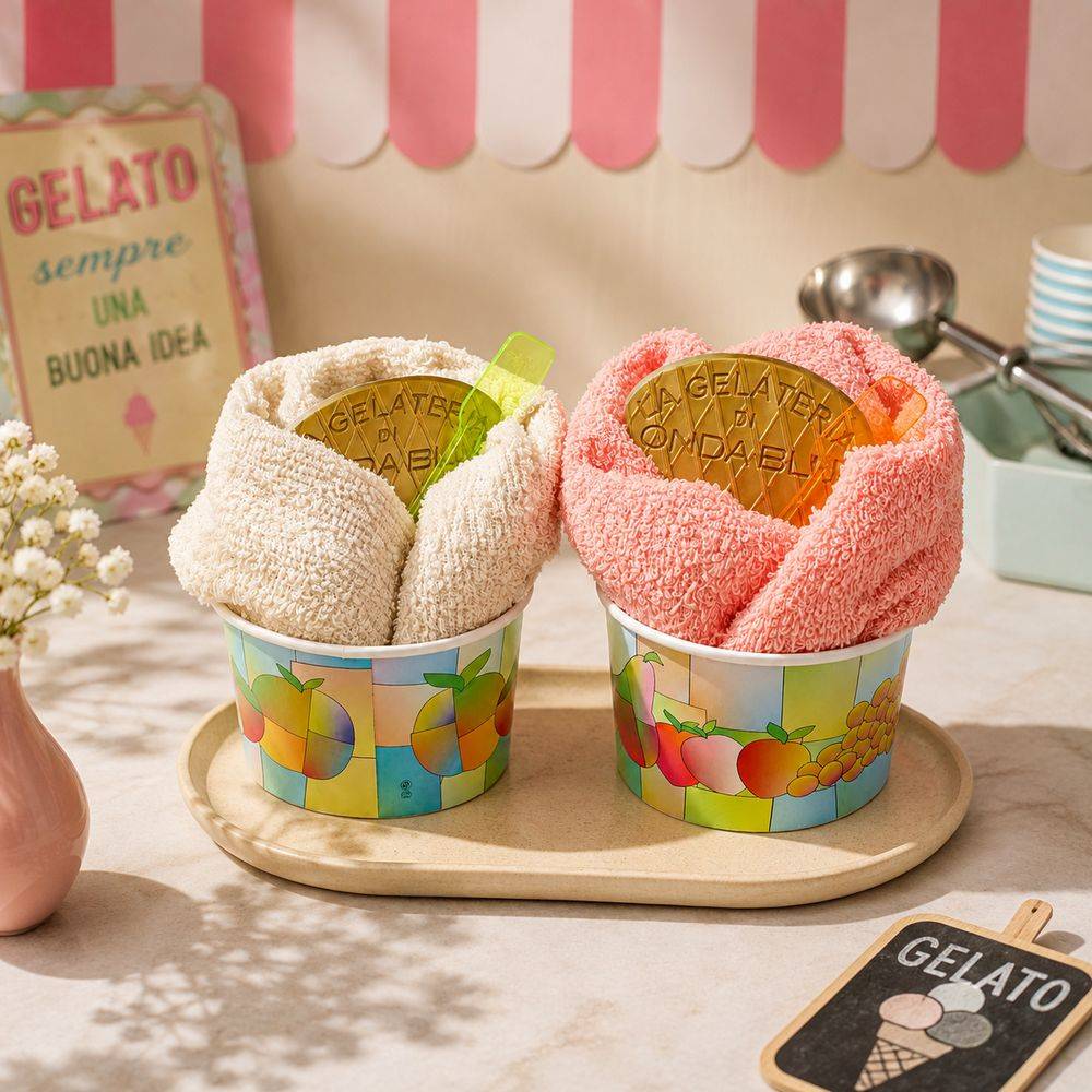Set Regalo Coppa Gelato 2 Asciugamani Ospite - Panna & Fragola