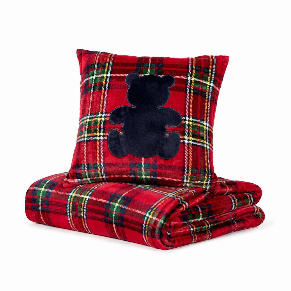 Plaid Aiden Tartan rosso + federa cuscino ricamati orsetto