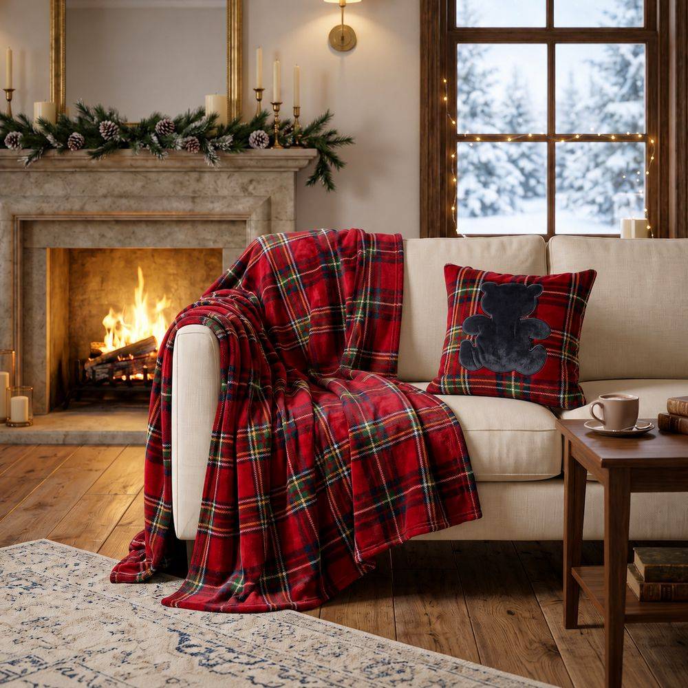Plaid Aiden Tartan rosso + federa cuscino ricamati orsetto