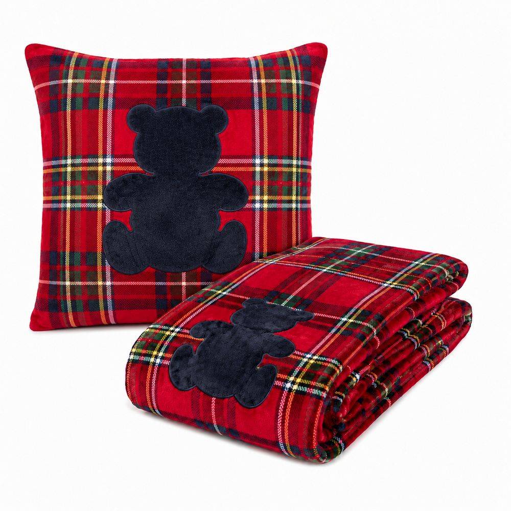 Plaid Aiden Tartan rosso + federa cuscino ricamati orsetto