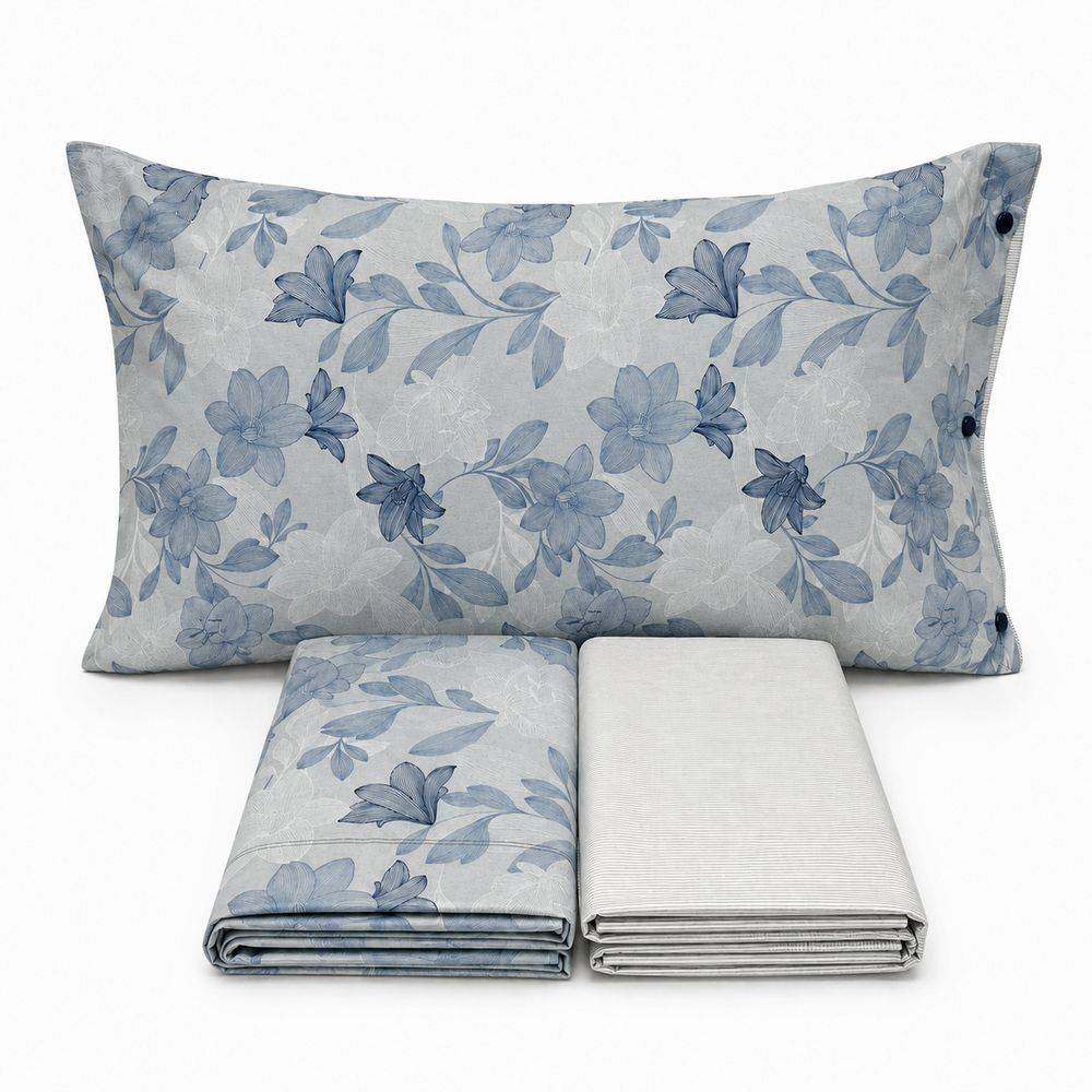 Completo Lenzuola Lilly foglie azzurro matrimoniale