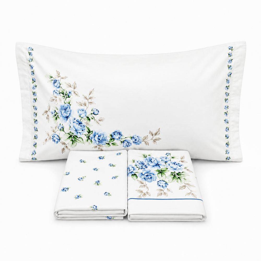Completo Lenzuola Cloe rose azzurre matrimoniale