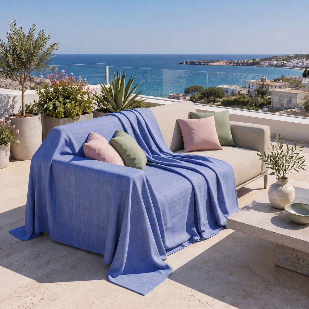 Copridivano Copritutto Fez Fondo denim con righe marroni 250x250