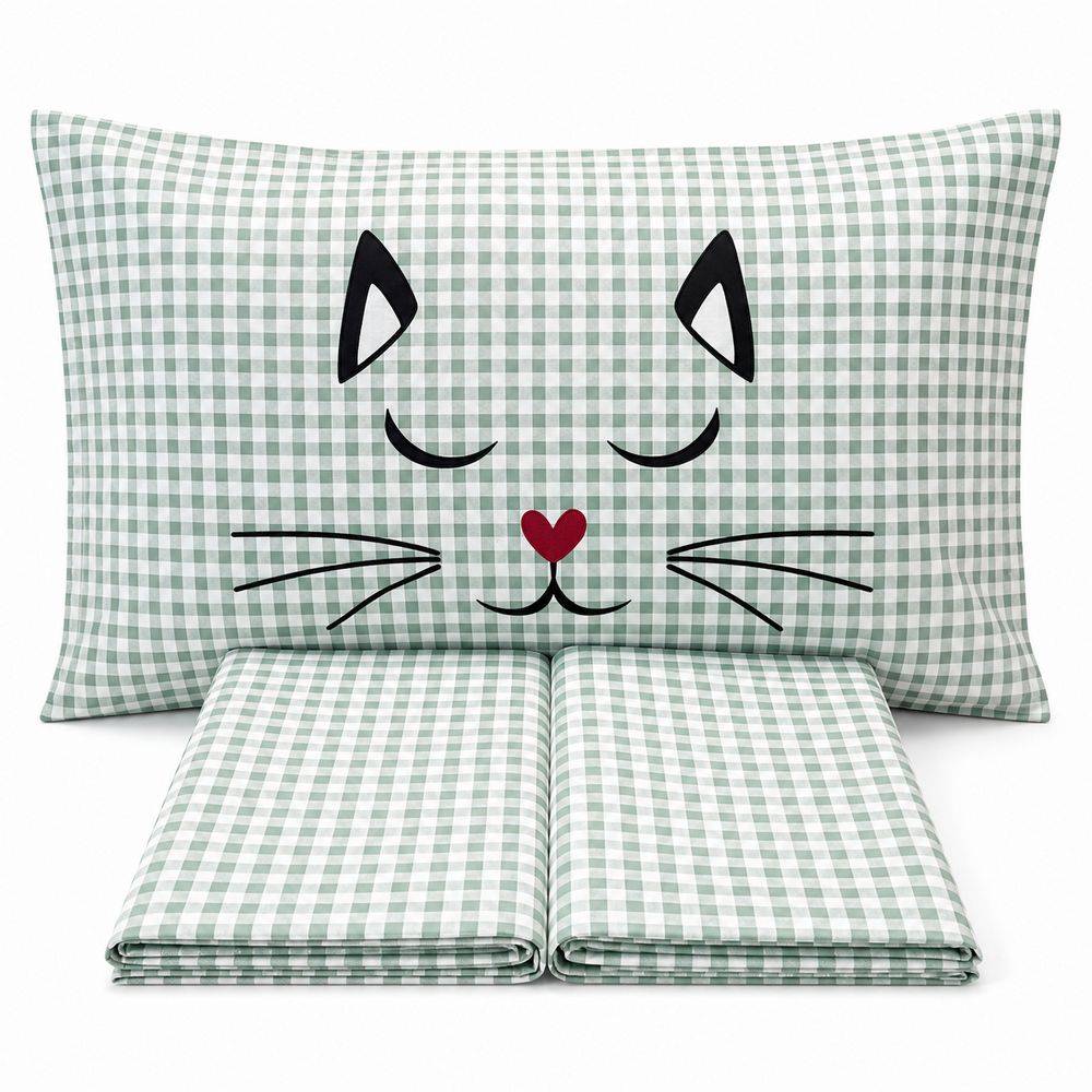 Completo Lenzuola Miao quadretti verde Singolo
