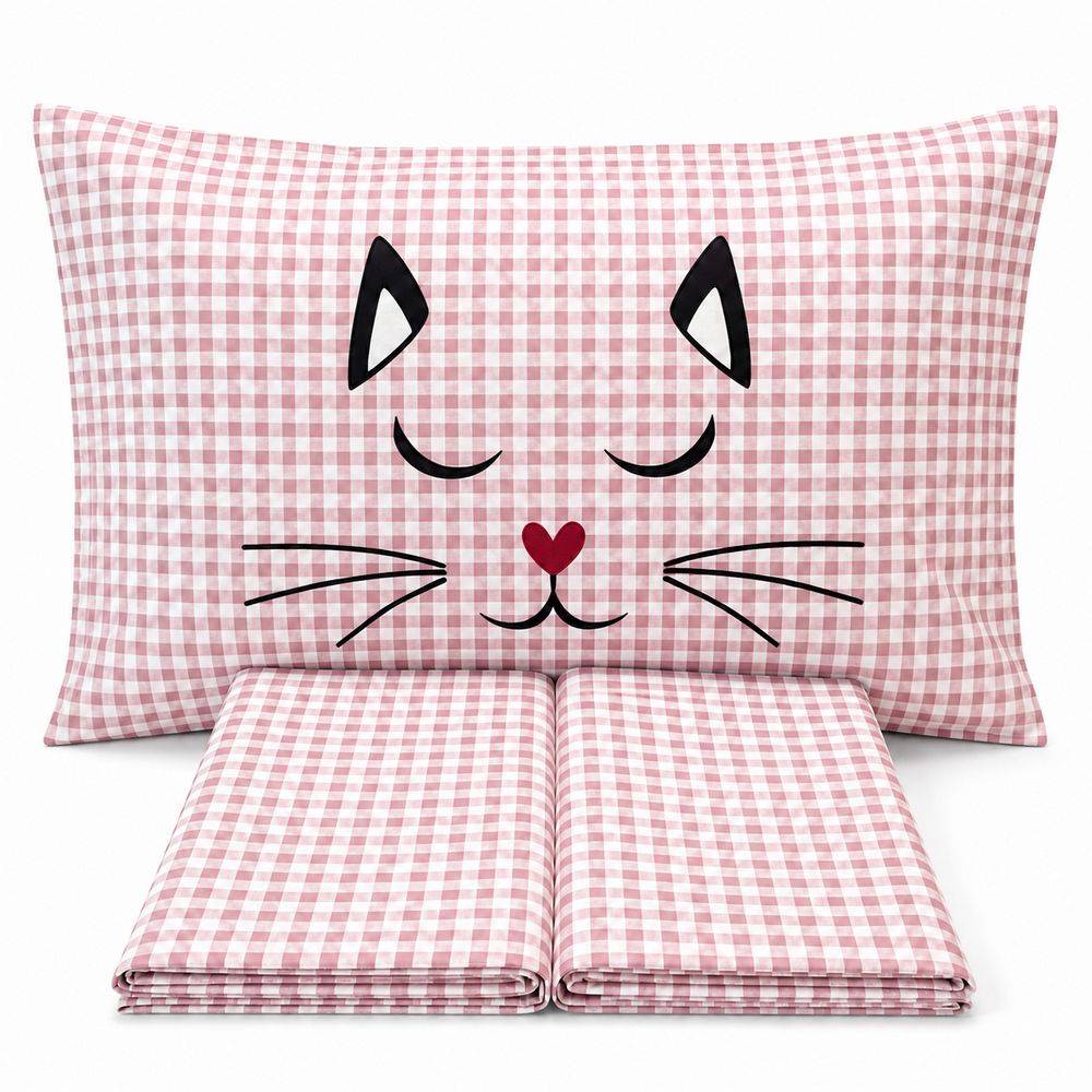 Completo Lenzuola Miao quadretti rosa Singolo