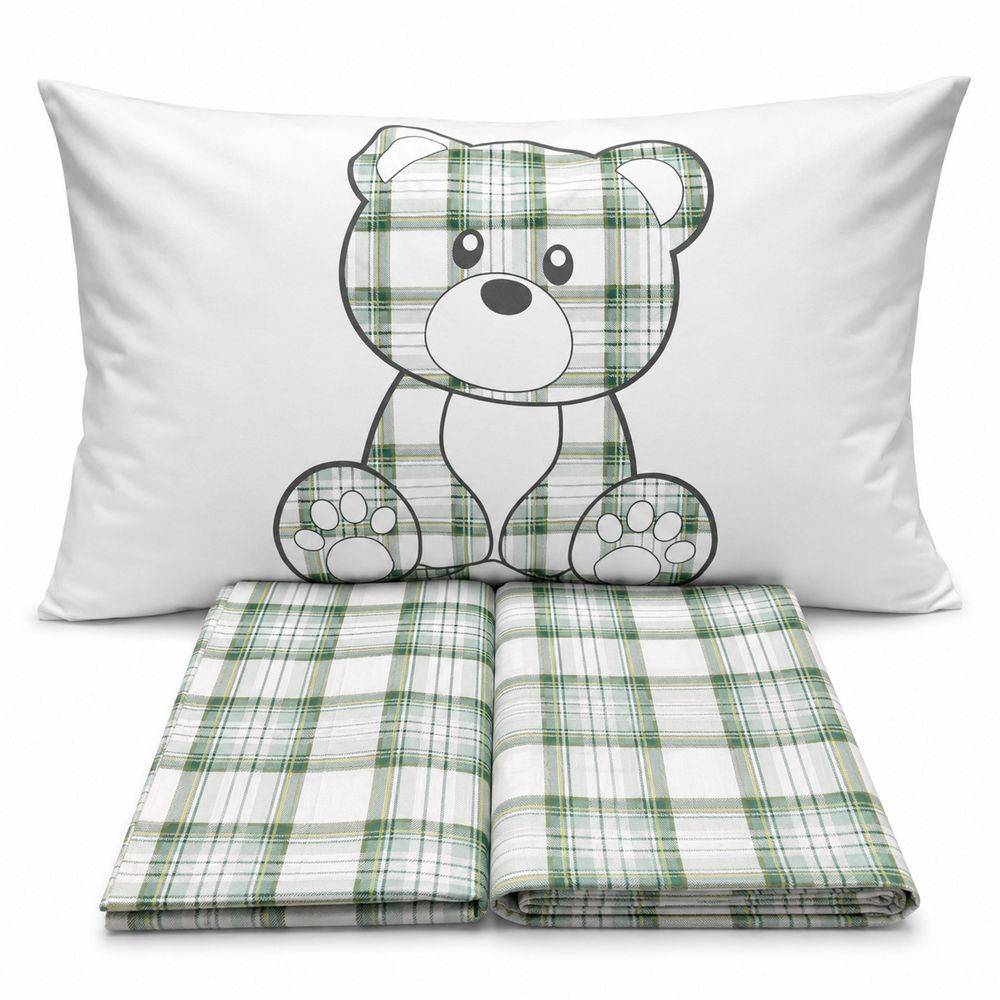 Completo Lenzuola Orsetto tartan verde Piazza e mezzo
