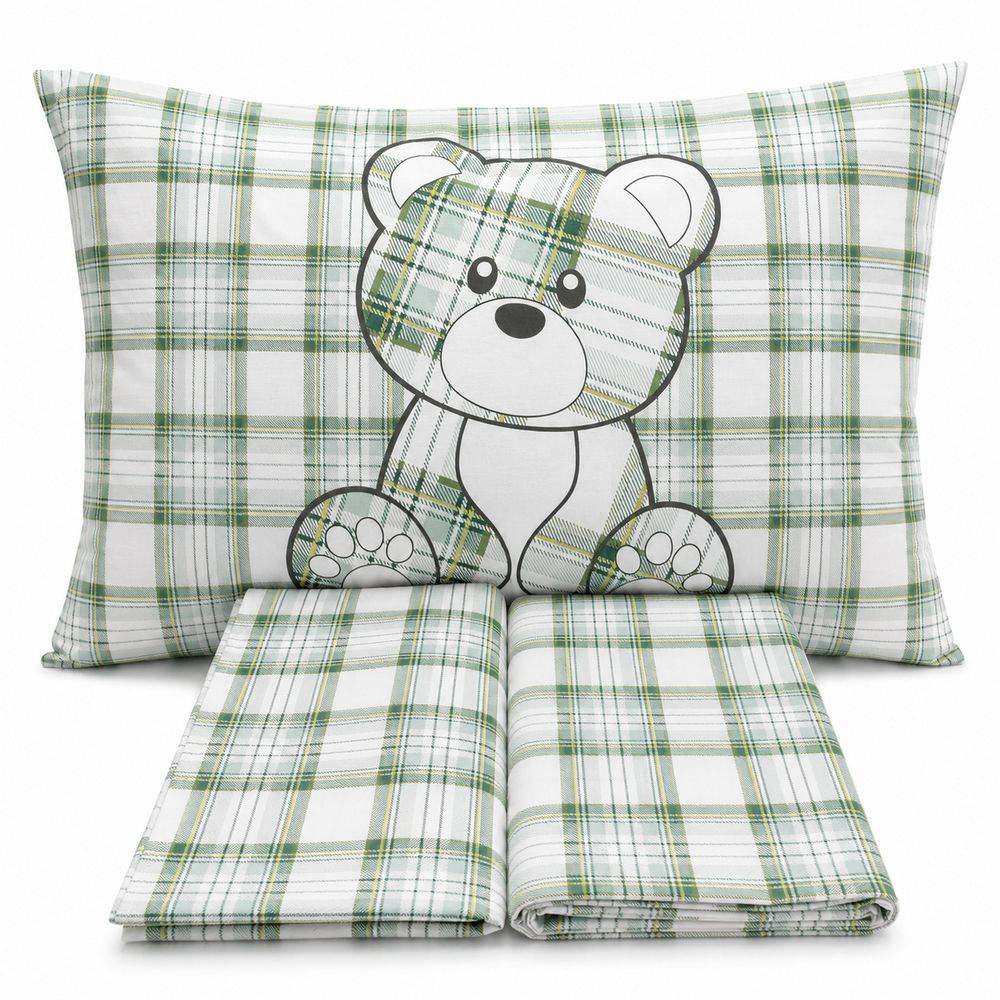 Completo Lenzuola Orsetto tartan verde Piazza e mezzo