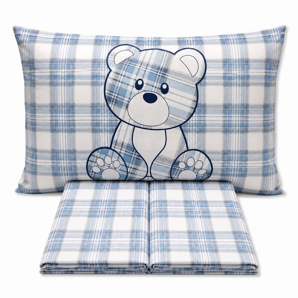 Completo Lenzuola Orsetto tartan Azzurro Piazza e mezzo