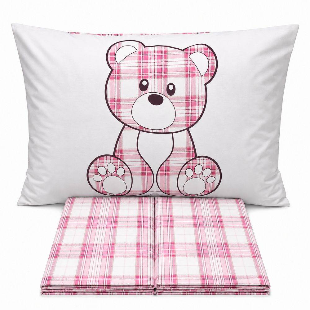 Completo Lenzuola Orsetto tartan Rosa Singolo