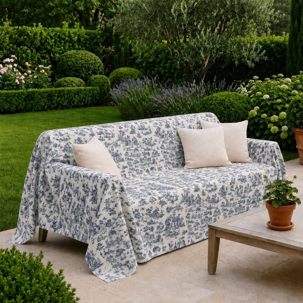 Copridivano copritutto Toile de Jouy Blu fondo Panna 260 x 280