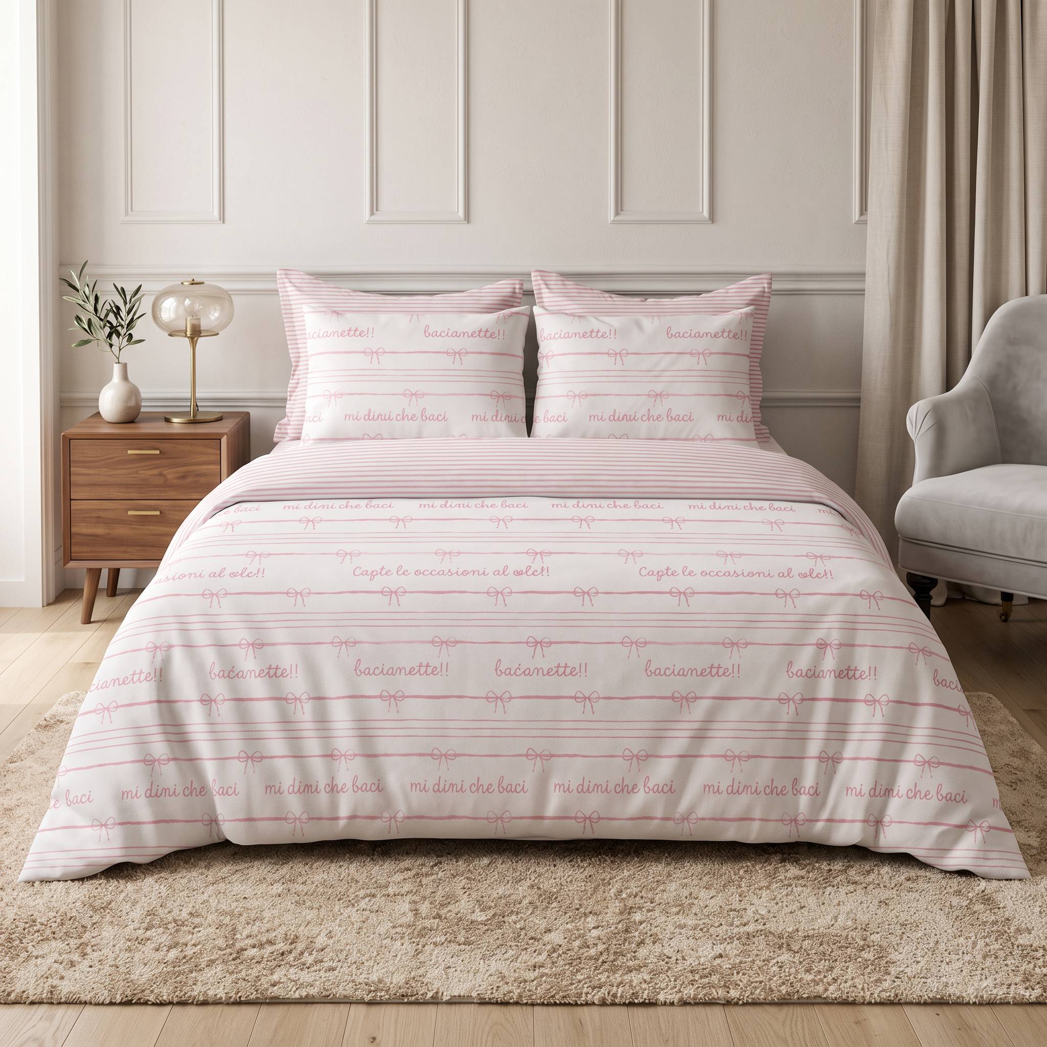  Parure Copripiumino cotone Percalle Fiocco rosa Matrimoniale