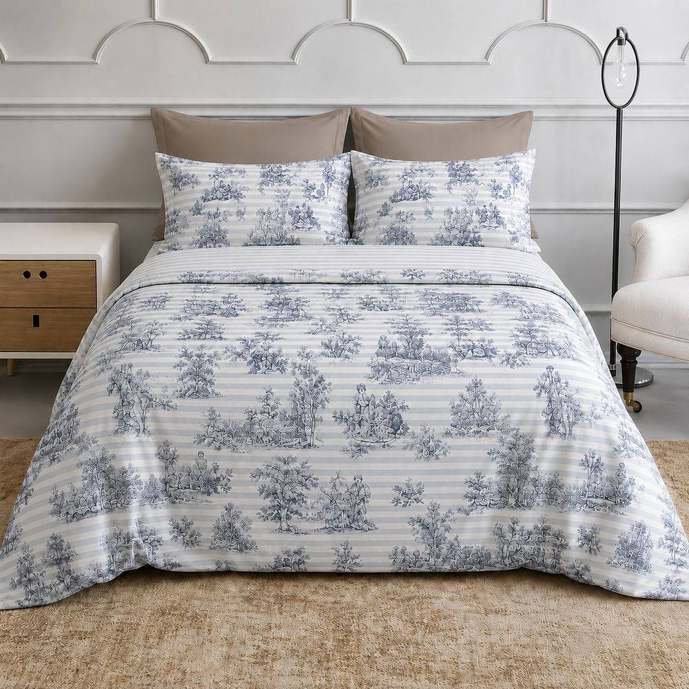  Parure Copripiumino cotone Percalle Toile de jouy blu Matrimoniale