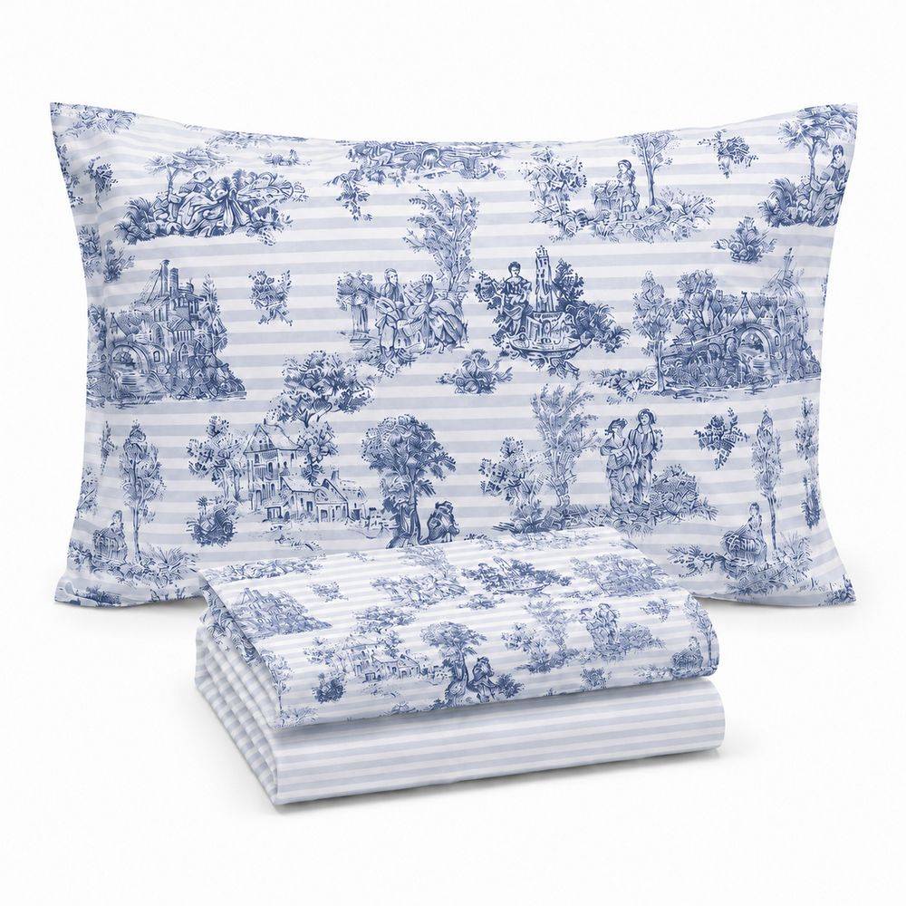 Parure Copripiumino cotone Percalle Toile de jouy blu Matrimoniale