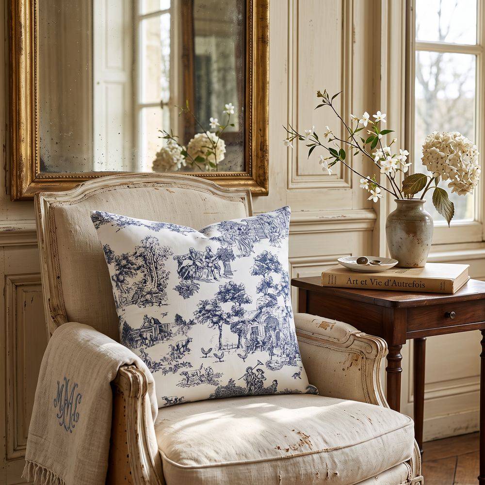 Federa cuscino Toile de Jouy Blu 40 x 40 