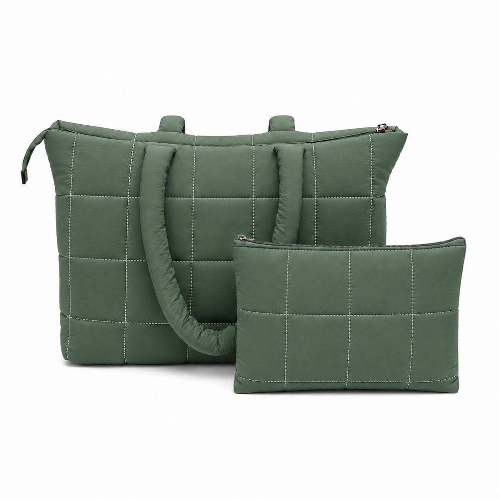 Set Borsa Tote + pochette trapuntata puffer louise Verde