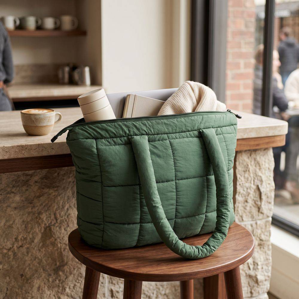 Set Borsa Tote + pochette trapuntata puffer louise Verde