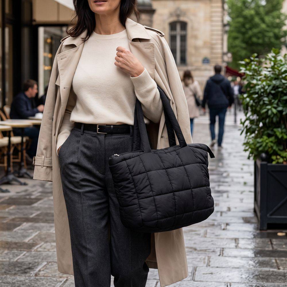 Set Borsa Tote + pochette trapuntata puffer louise nera