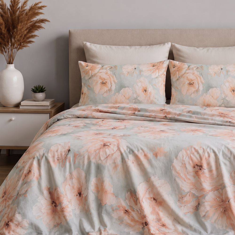 Completo Lenzuola Style Peonie su Tela Beige Matrimoniale