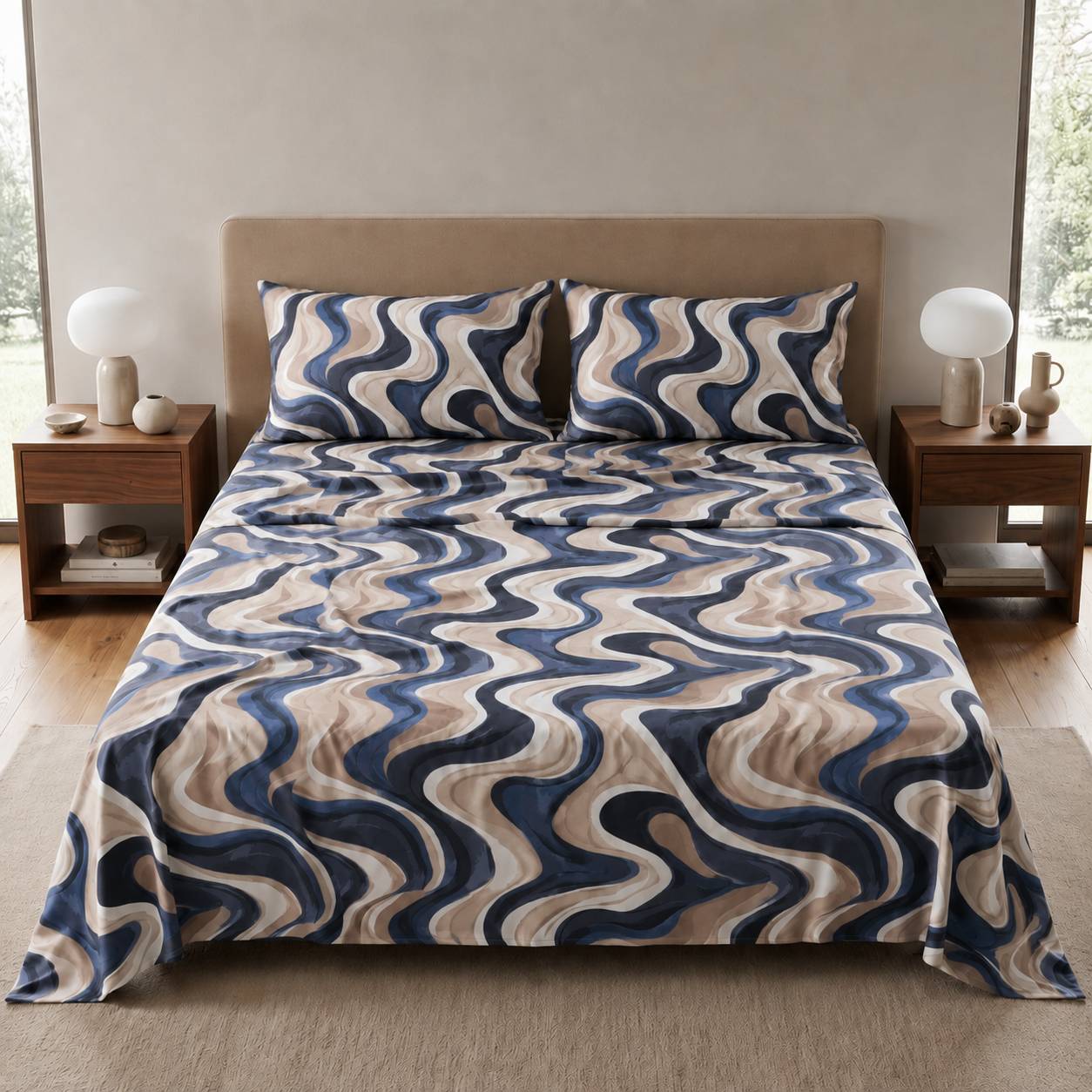 Completo Lenzuola Style Hypnotic Blu Matrimoniale