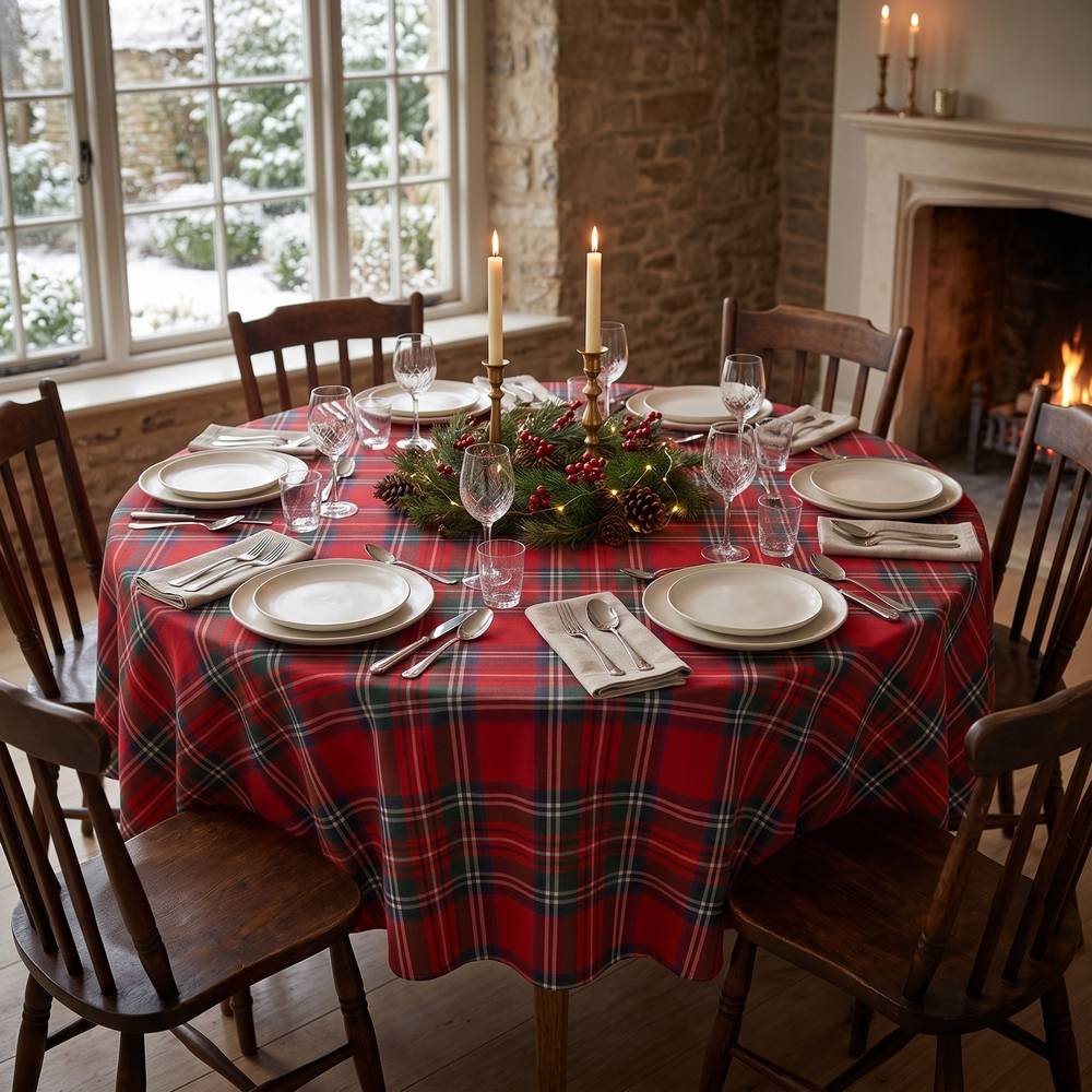 Tovaglia rotonda Tinto in filo Tartan Rosso 210