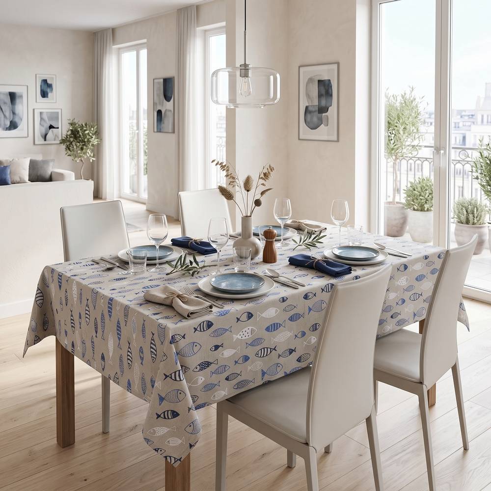 Tovaglia Resinata Pesci Azzurri fondo Grigio 140 x 190