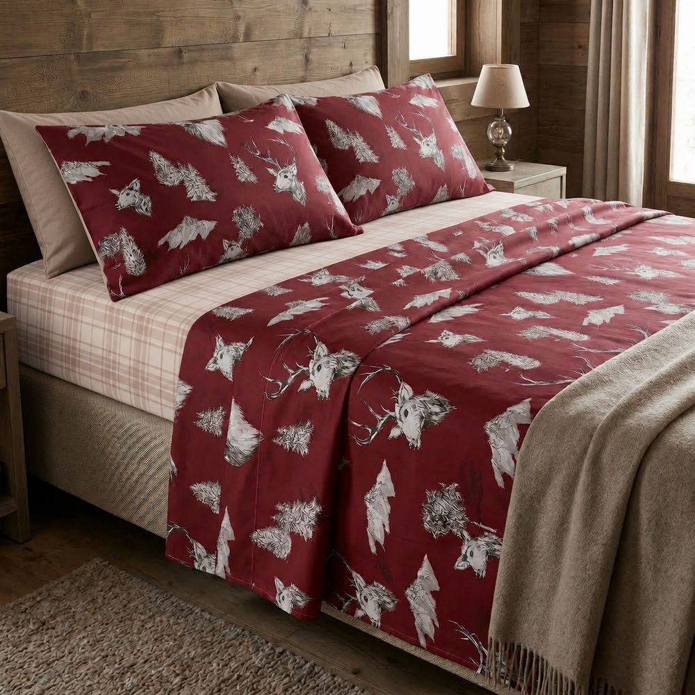 Completo Lenzuola North Deer Rosso Matrimoniale