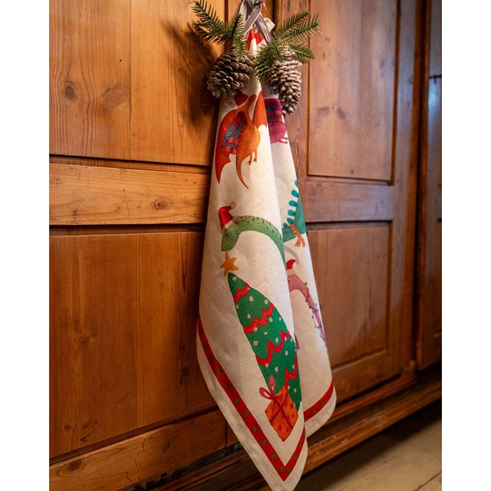 Canovaccio Natalizio Jurassic Xmas Tree Tessitura Toscana 50 x 70 cm in Lino e Cotone