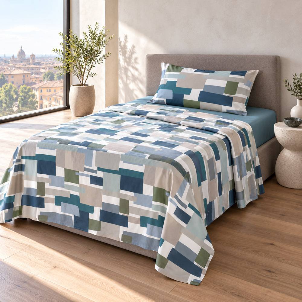 Completo Lenzuola Caldo Cotone Sintesi Metal Blue Piazza e Mezzo Cogal