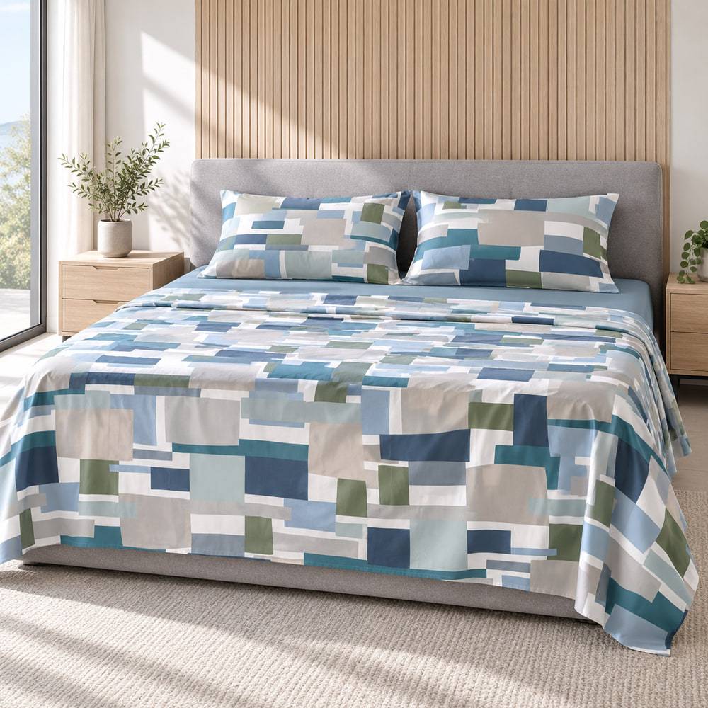 Completo Lenzuola Caldo Cotone Sintesi Metal Blue Matrimoniale Cogal