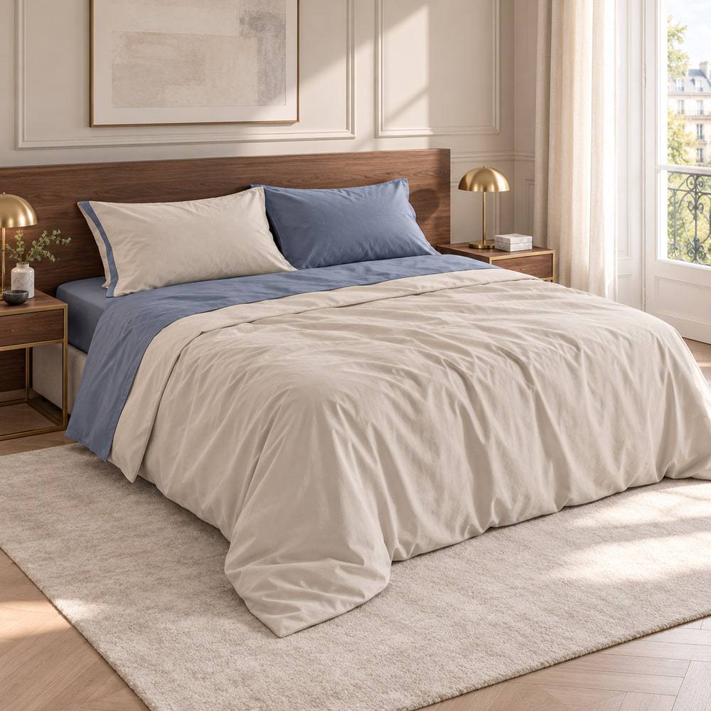Completo Lenzuola Matrimoniale Caldo Cotone Armonia Greige e Metal Blue Cogal