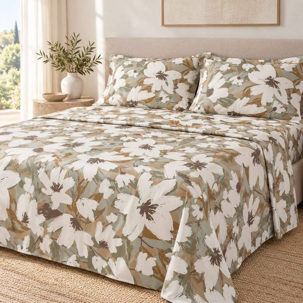 Completo Lenzuola Copriletto Les Uniques Maxi Fiori Verde Matrimoniale Cogal