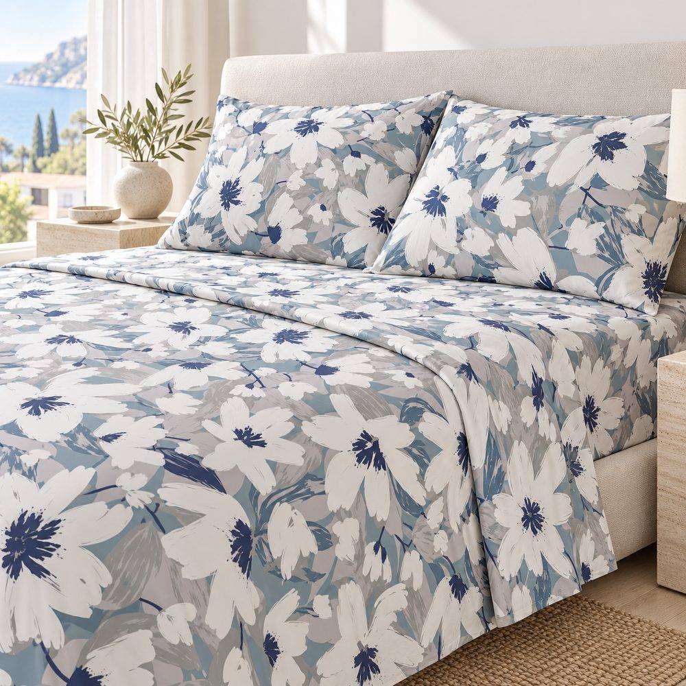 Completo Lenzuola Copriletto Les Uniques Maxi Fiori Metal Blue Matrimoniale Cogal