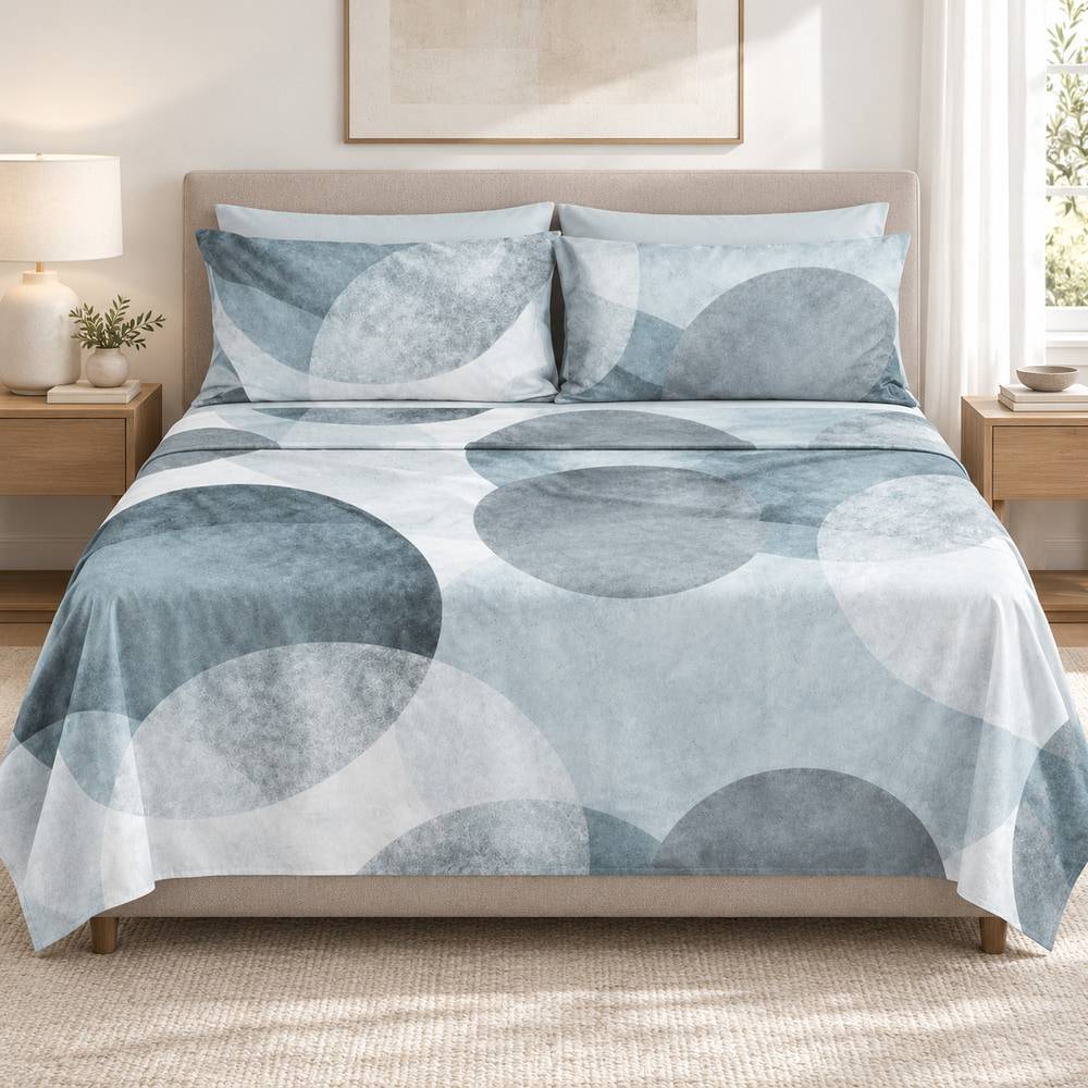 Completo Lenzuola Copriletto Flower Power Cerchi Metal Blue Matrimoniale Cogal