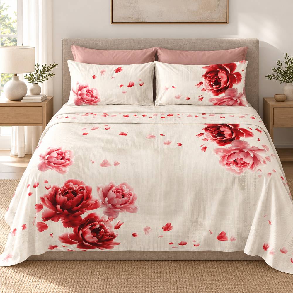 Completo Lenzuola Copriletto Flower Power Peonie Lino Matrimoniale Cogal