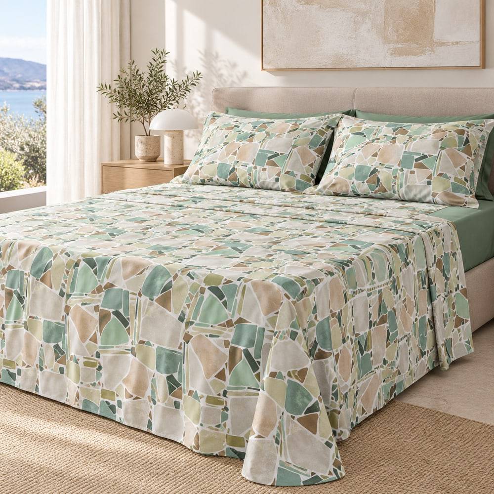 Completo lenzuola Easy Casa Mosaico Verde Matrimoniale Cogal