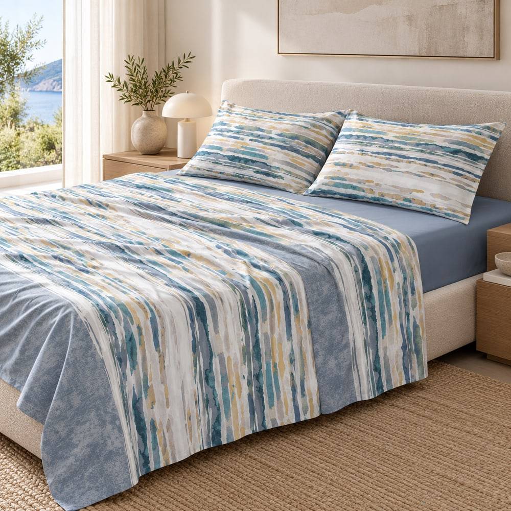 Completo lenzuola Easy Casa Righe Acquerello Metal Blue Matrimoniale Cogal